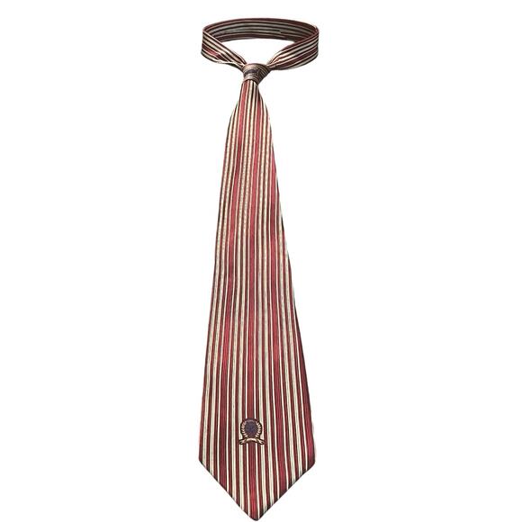 Tommy Hilfiger (Vintage) | Men’s Silk Tie | Red, Tan Stripes | Shield Crest Logo - Picture 5 of 6